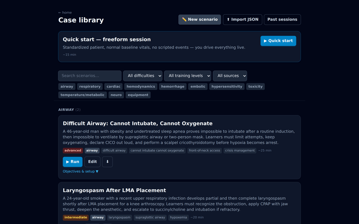 Case library with syllabus collections, a quick-start freeform session, and reviewed scenarios filterable by topic and difficulty