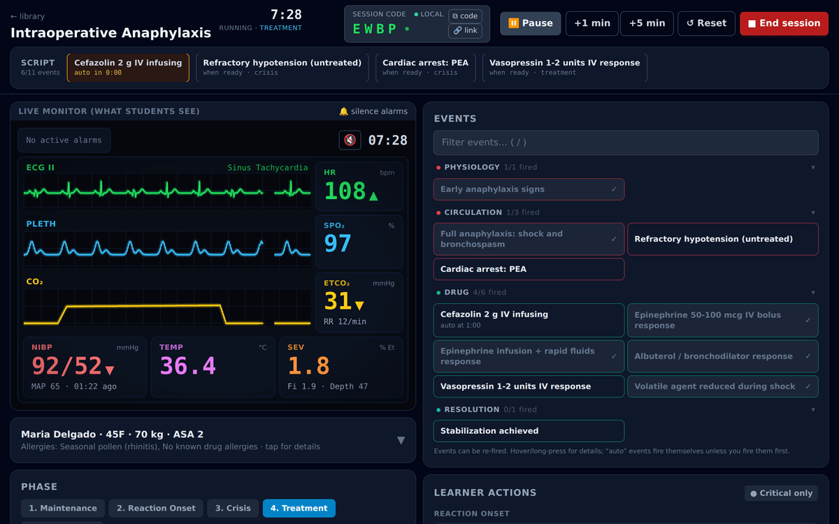 Faculty controller mid-scenario: live patient monitor beside scripted events and a learner action checklist