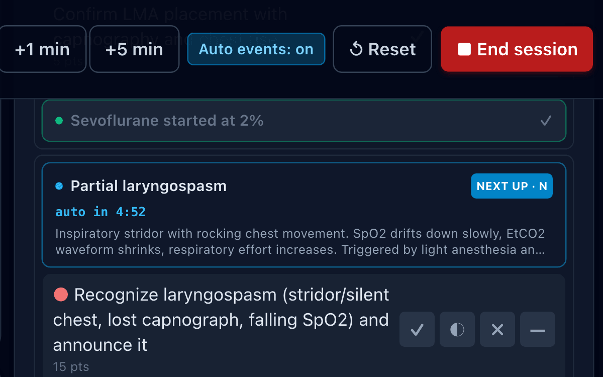 Flow panel close-up: auto-events toggle on with a countdown to the next scripted event, time-skip buttons, and an action marking row